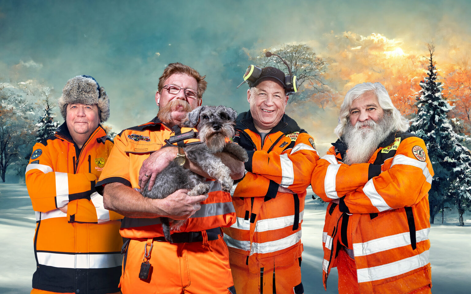 Hogan, Berra med hunden Signe, Stefan och Kent från Assistancekåren står tillsammans i orange arbetskläder framför en vintrig skogsmiljö med snöklädda träd.